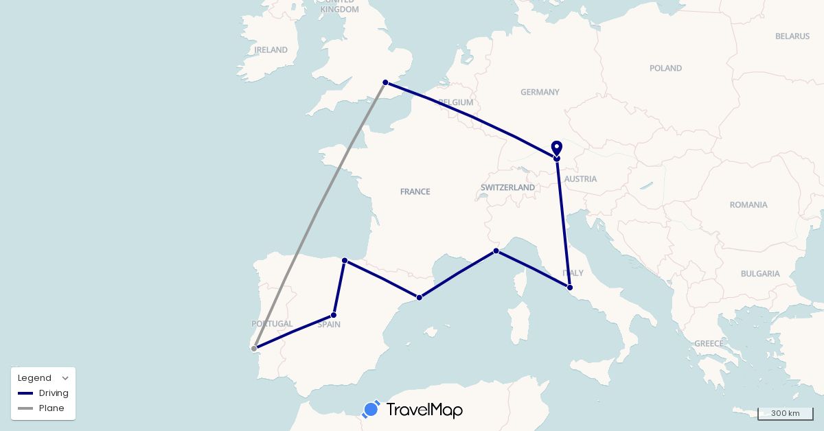 TravelMap itinerary: driving, plane in Germany, Spain, France, United Kingdom, Italy, Portugal (Europe)